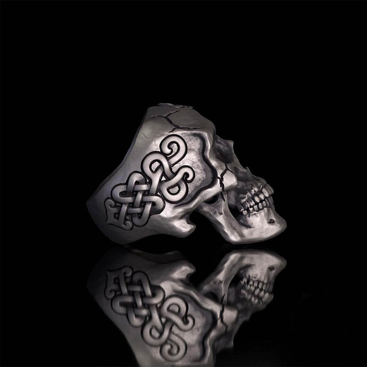 Gothic Cross Celtic Sterling Silver Cracked Skull Ring | RoyalLuster.com