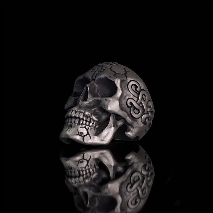 Gothic Cross Celtic Sterling Silver Cracked Skull Ring | RoyalLuster.com