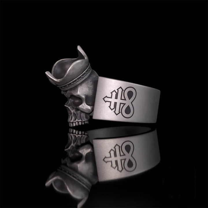 Gothic Crown Skull Leviathan Cross Sterling Silver Ring | RoyalLuster.com