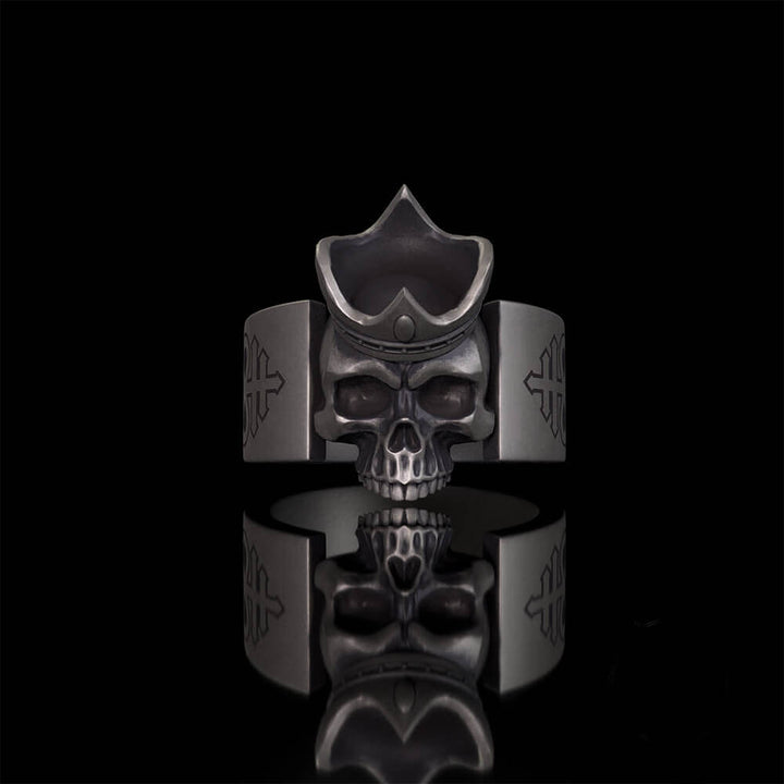 Gothic Crown Skull Leviathan Cross Sterling Silver Ring | RoyalLuster.com