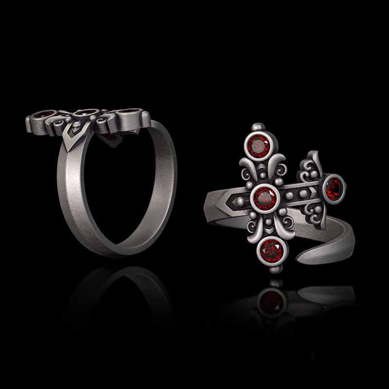 Gothic Curved Sword Sterling Silver Gem Ring | RoyalLuster.com