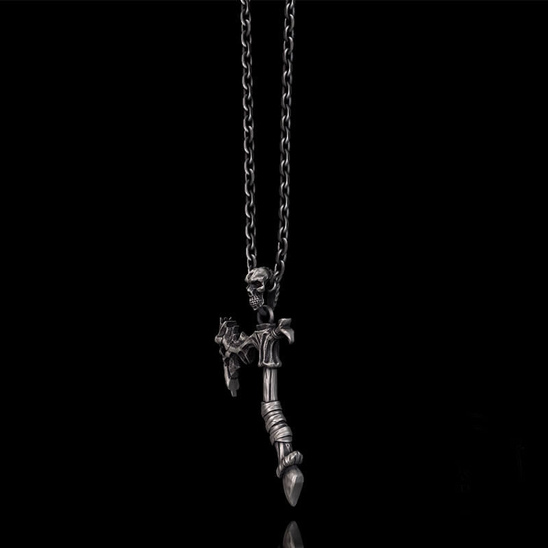 Gothic Demon Axe Sterling Silver Skull Pendant