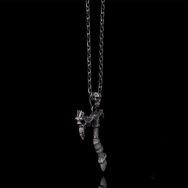Gothic Demon Axe Sterling Silver Skull Pendant