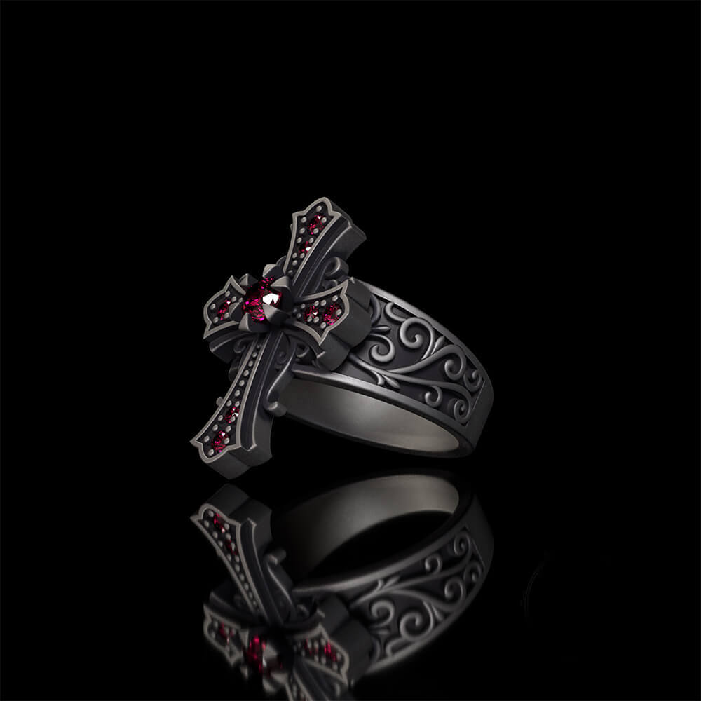 Gothic Gem Cross Vintage Sterling Silver Ring | RoyalLuster.com