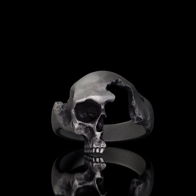 Gothic Half Skull Face Sterling Silver Ring | RoyalLuster.com