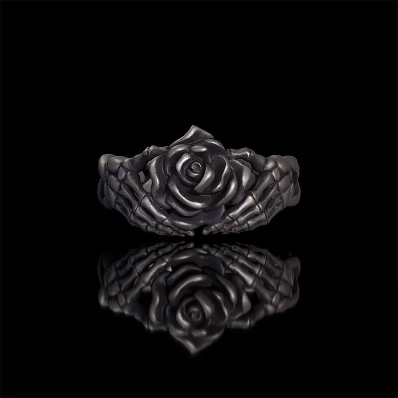 Gothic Heart Skull Hand Holding Rose Sterling Silver Ring | RoyalLuster.com