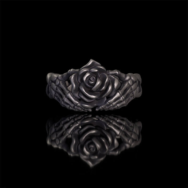 Gothic Heart Skull Hand Holding Rose Sterling Silver Ring | RoyalLuster.com