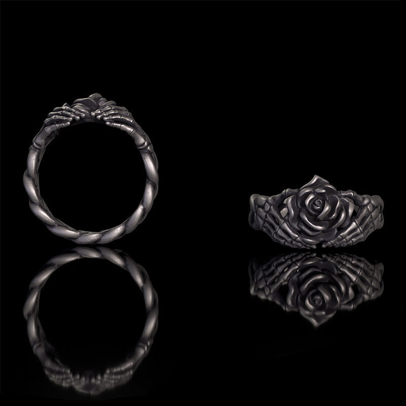 Gothic Heart Skull Hand Holding Rose Sterling Silver Ring | RoyalLuster.com