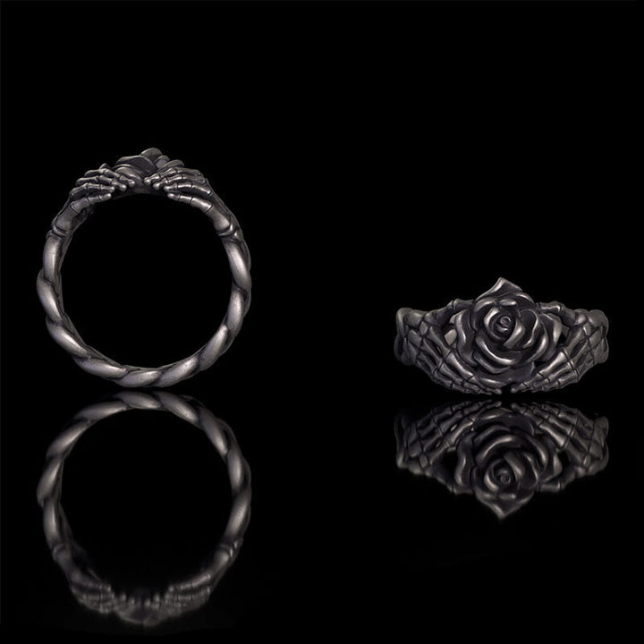 Gothic Heart Skull Hand Holding Rose Sterling Silver Ring | RoyalLuster.com
