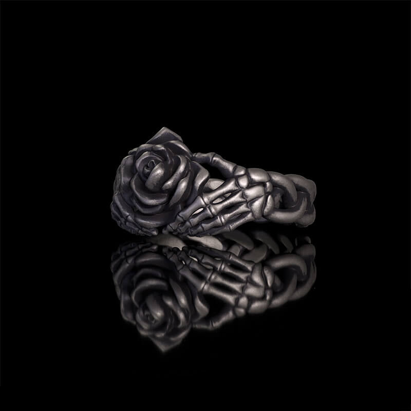 Gothic Heart Skull Hand Holding Rose Sterling Silver Ring | RoyalLuster.com