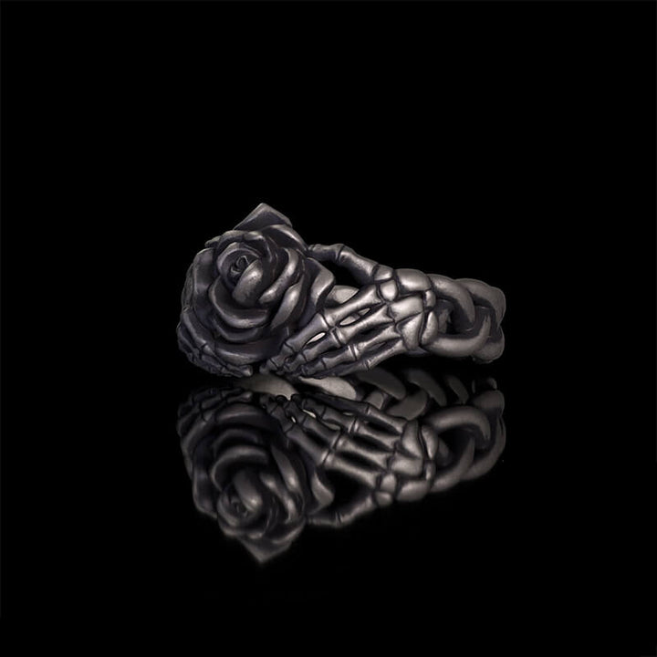Gothic Heart Skull Hand Holding Rose Sterling Silver Ring | RoyalLuster.com
