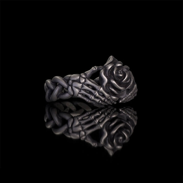 Gothic Heart Skull Hand Holding Rose Sterling Silver Ring | RoyalLuster.com