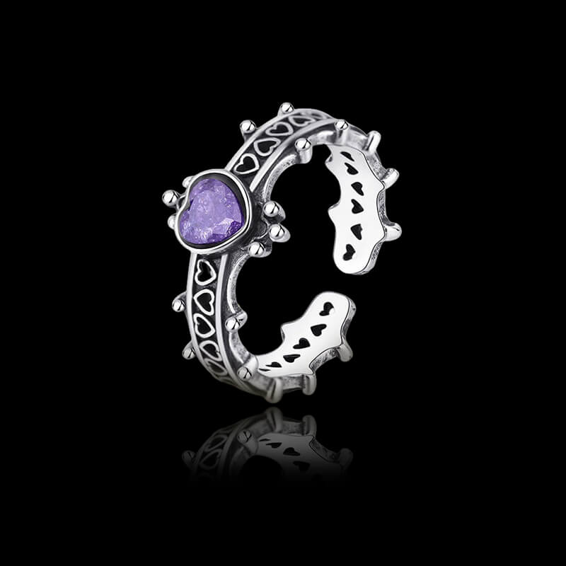 Gothic Heart Zircon Inlaid Crown 925 Sterling Silver Open Ring