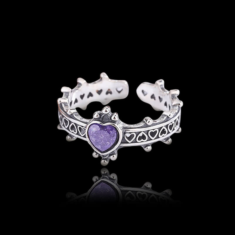 Gothic Heart Zircon Inlaid Crown 925 Sterling Silver Open Ring