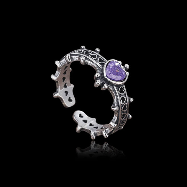 Gothic Heart Zircon Inlaid Crown 925 Sterling Silver Open Ring