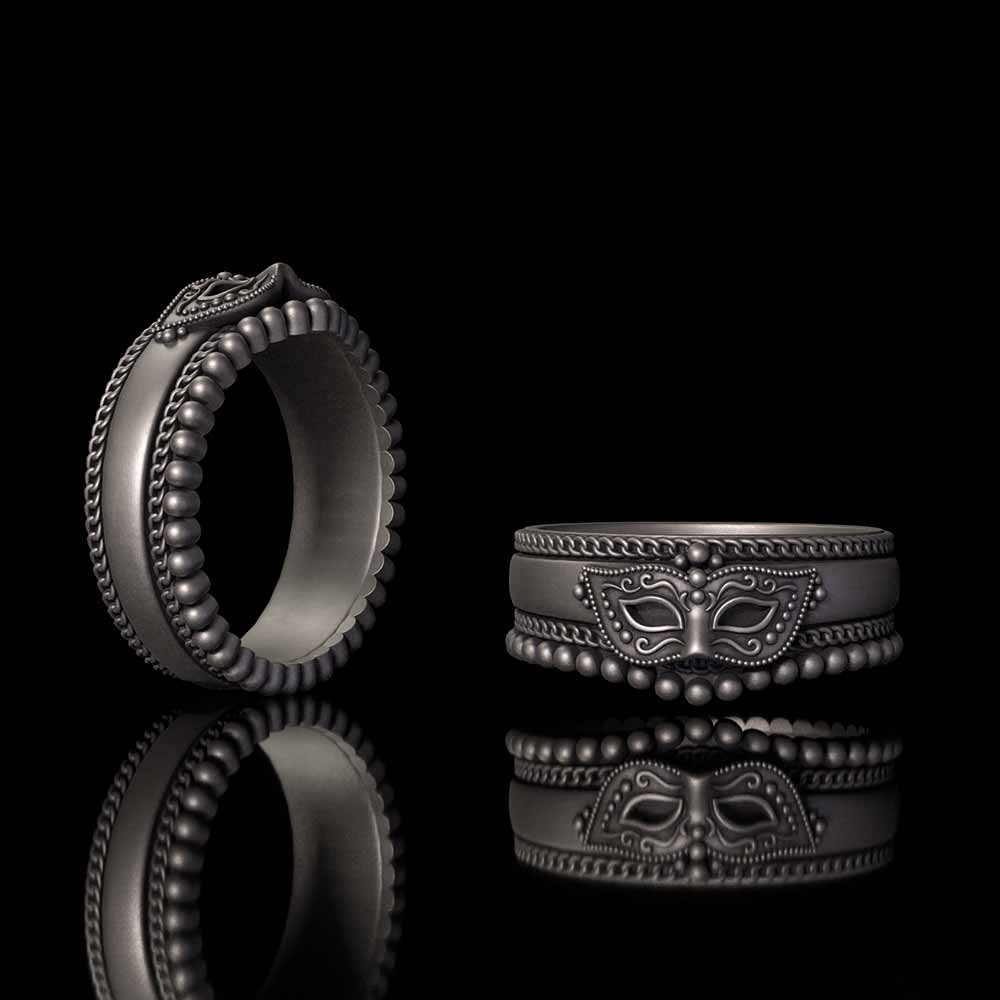 Gothic Masquerade Mask Crown Sterling Silver Ring Set | RoyalLuster.com