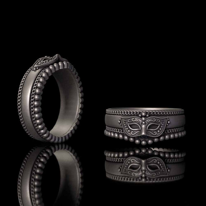 Gothic Masquerade Mask Crown Sterling Silver Ring Set | RoyalLuster.com