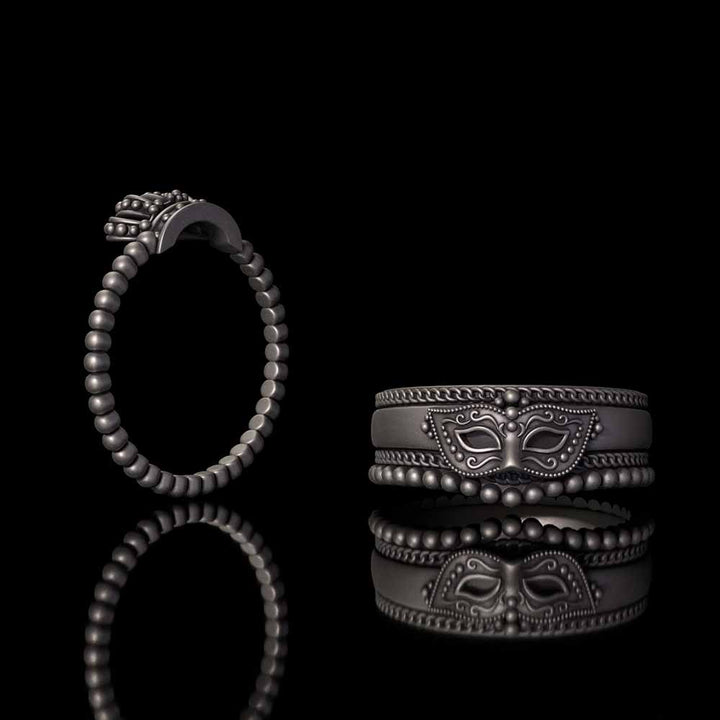 Gothic Masquerade Mask Crown Sterling Silver Ring Set | RoyalLuster.com