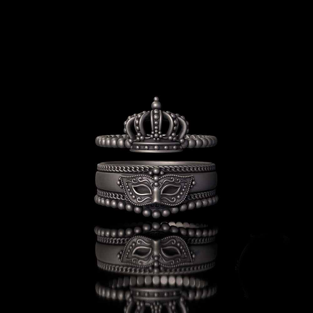 Gothic Masquerade Mask Crown Sterling Silver Ring Set | RoyalLuster.com