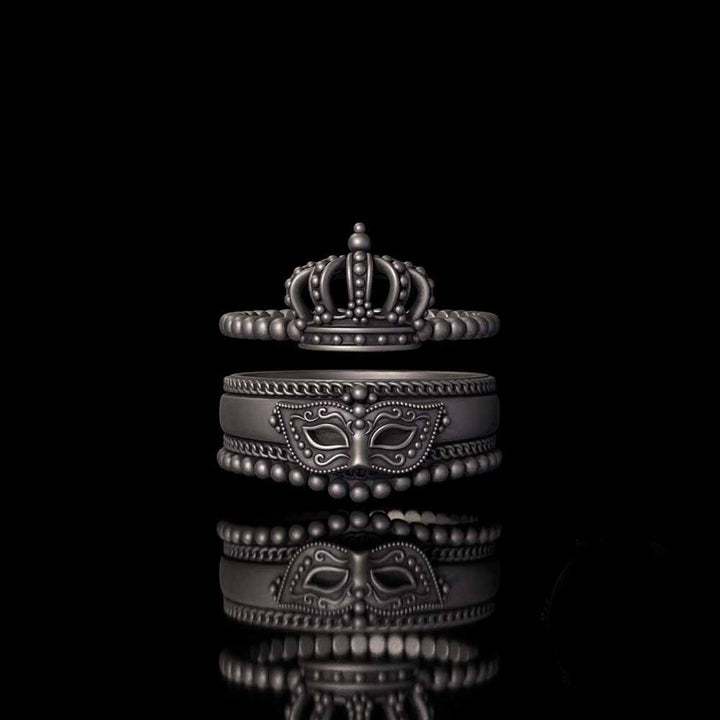 Gothic Masquerade Mask Crown Sterling Silver Ring Set | RoyalLuster.com