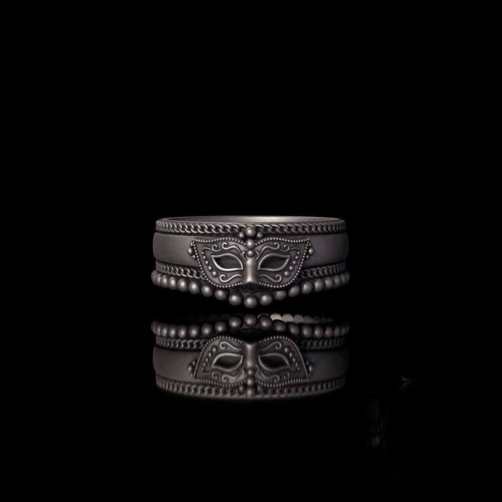 Gothic Masquerade Mask Crown Sterling Silver Ring Set