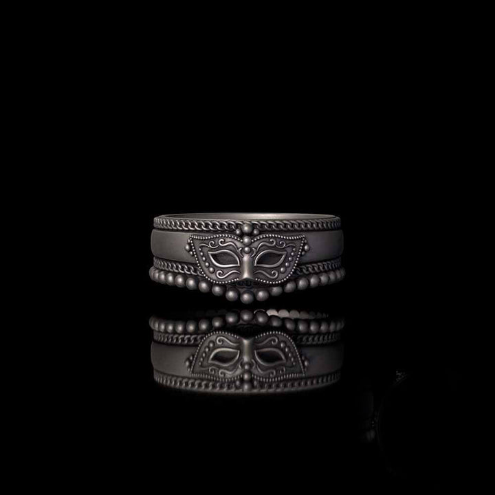 Gothic Masquerade Mask Crown Sterling Silver Ring Set
