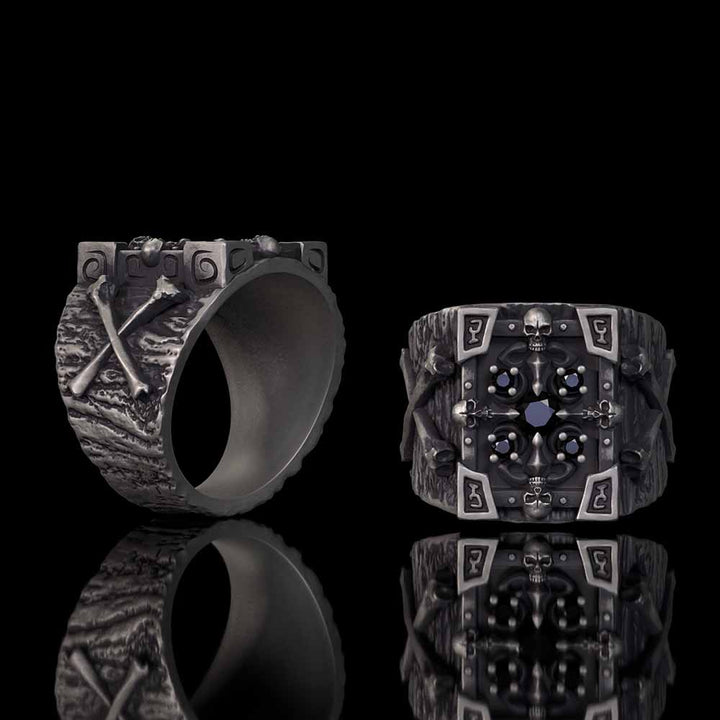 Gothic Multiple Skulls Cross Sterling Silver Zircon Ring | RoyalLuster.com