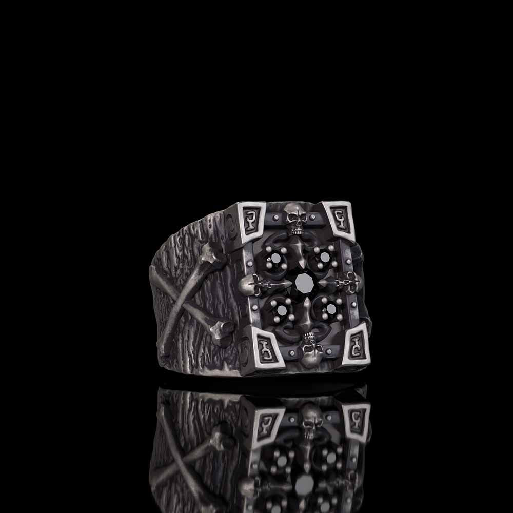 Gothic Multiple Skulls Cross Sterling Silver Zircon Ring | RoyalLuster.com