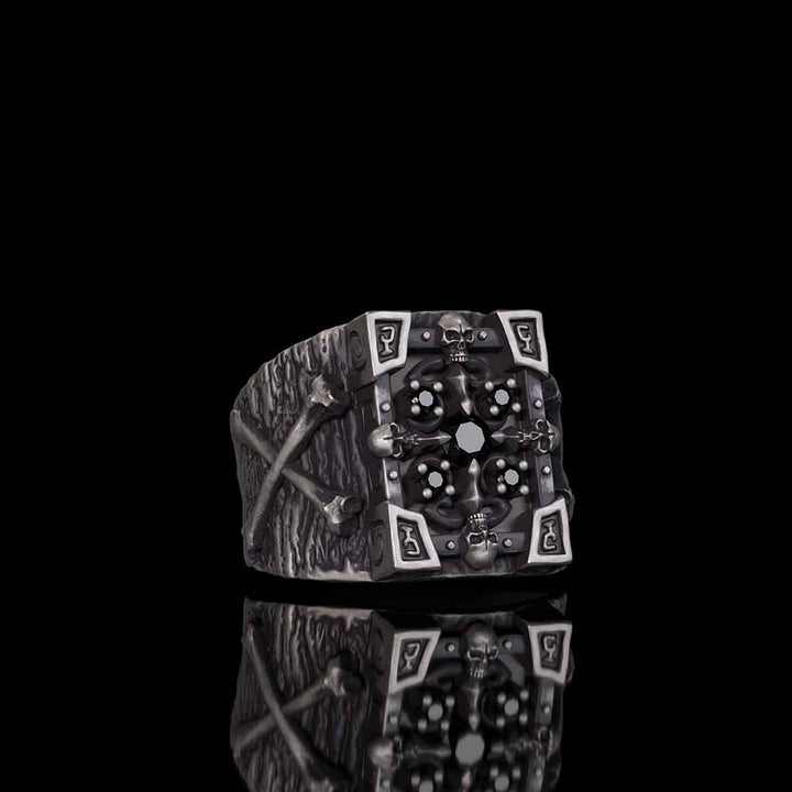 Gothic Multiple Skulls Cross Sterling Silver Zircon Ring | RoyalLuster.com