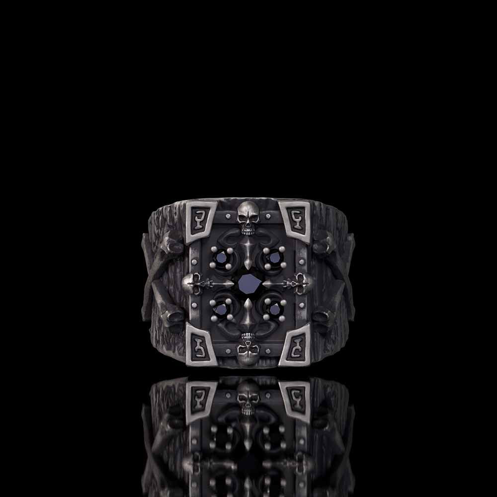 Gothic Multiple Skulls Cross Sterling Silver Zircon Ring | RoyalLuster.com