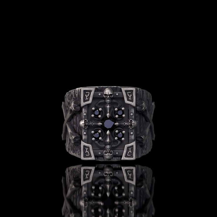 Gothic Multiple Skulls Cross Sterling Silver Zircon Ring | RoyalLuster.com