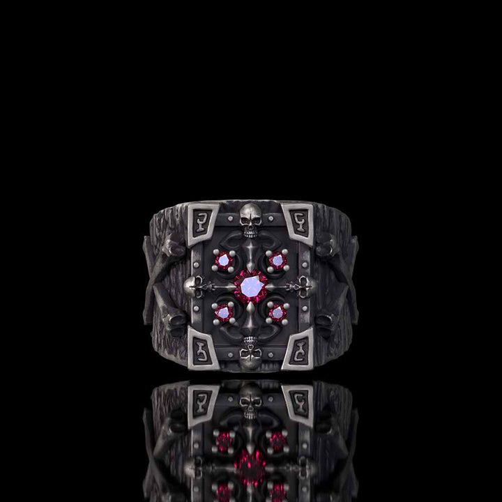Gothic Multiple Skulls Cross Sterling Silver Zircon Ring | RoyalLuster.com