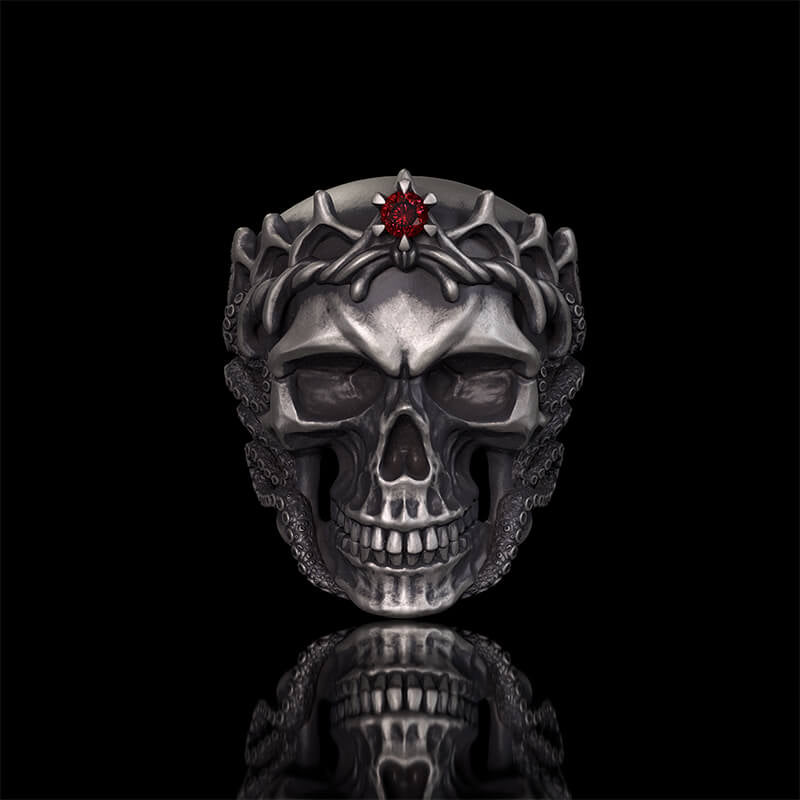 Gothic Octopus Gem Crown Skull Sterling Silver Ring | RoyalLuster.com