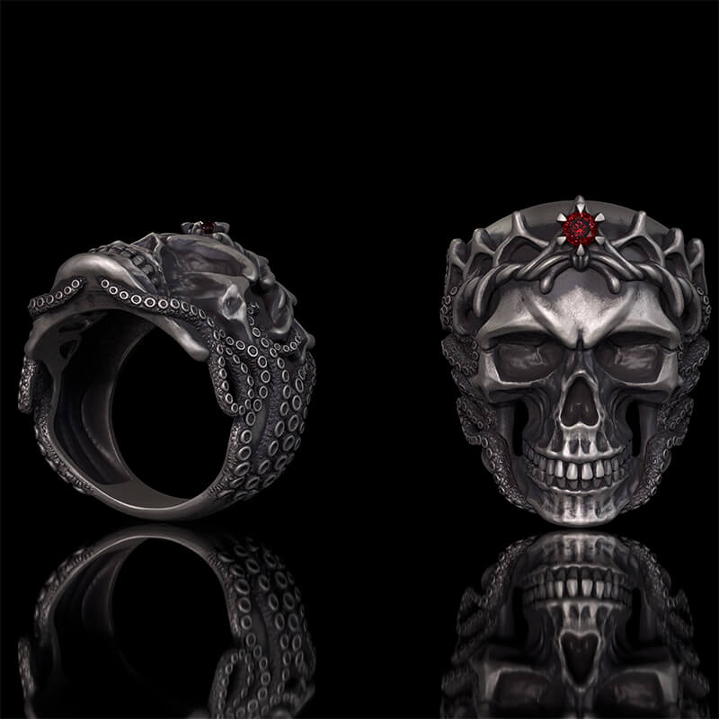 Gothic Octopus Gem Crown Skull Sterling Silver Ring | RoyalLuster.com