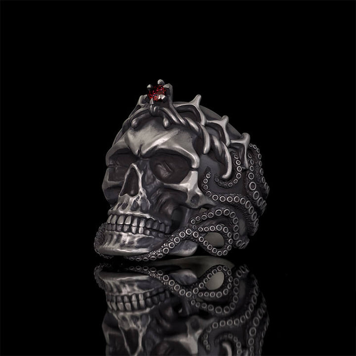 Gothic Octopus Gem Crown Skull Sterling Silver Ring | RoyalLuster.com