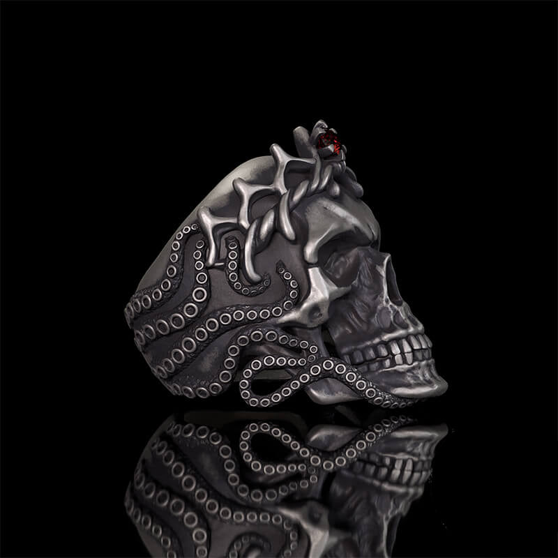 Gothic Octopus Gem Crown Skull Sterling Silver Ring