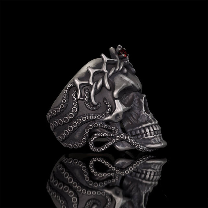 Gothic Octopus Gem Crown Skull Sterling Silver Ring
