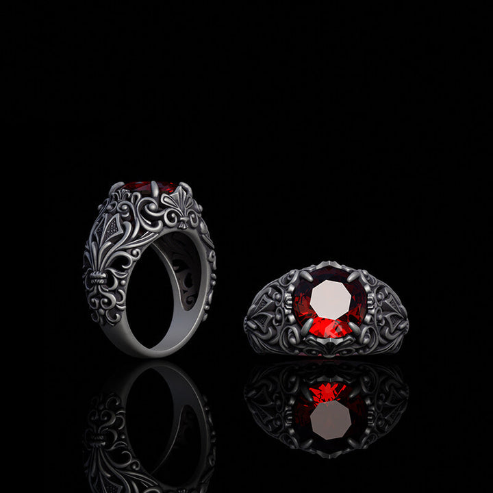 Gothic Pattern Red Zircon Sterling Silver Ring | RoyalLuster.com