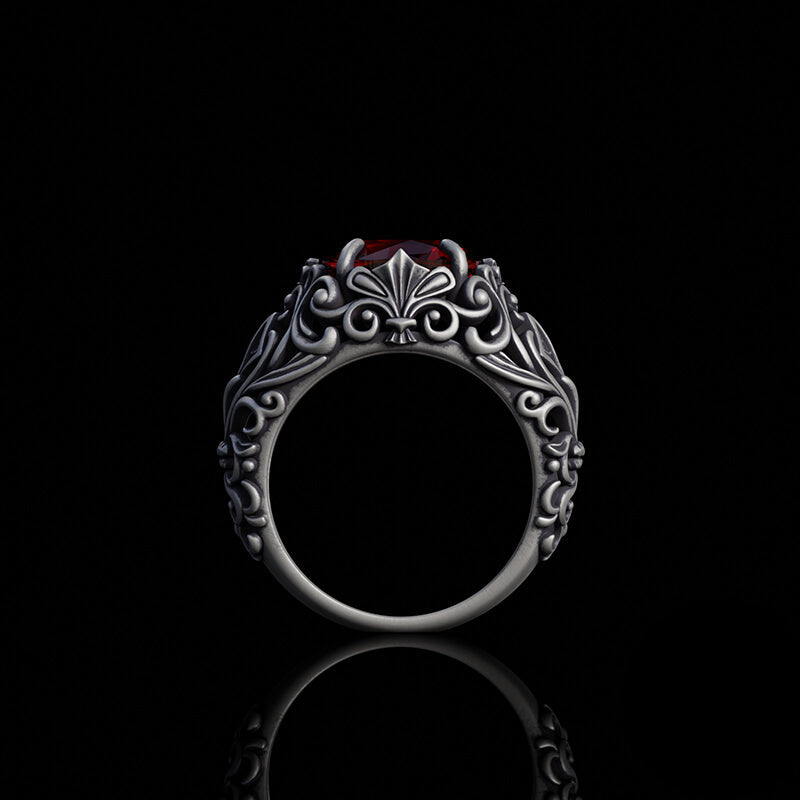 Gothic Pattern Red Zircon Sterling Silver Ring | RoyalLuster.com
