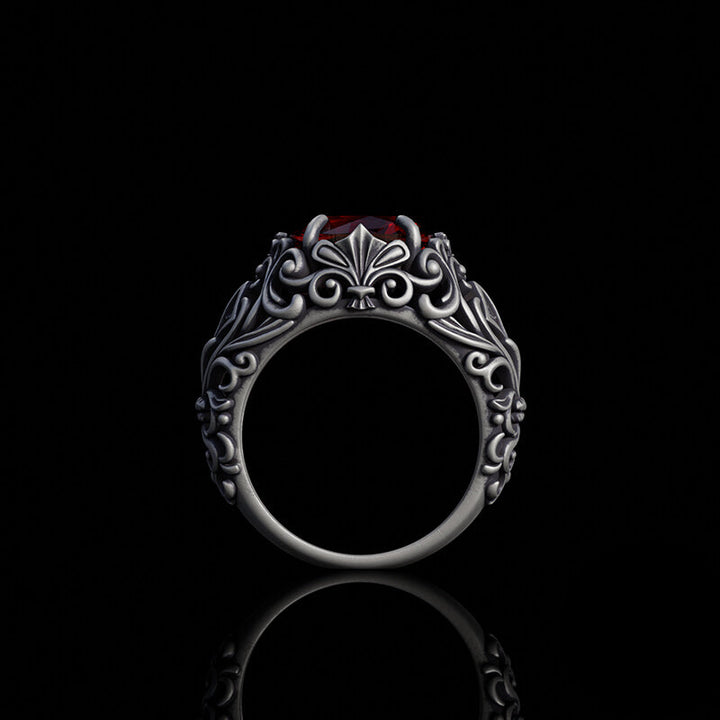 Gothic Pattern Red Zircon Sterling Silver Ring | RoyalLuster.com