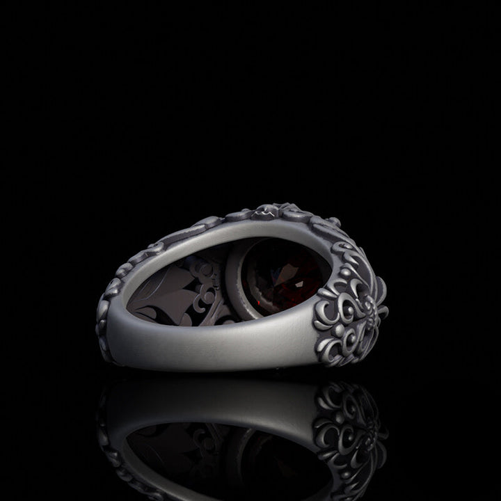 Gothic Pattern Red Zircon Sterling Silver Ring | RoyalLuster.com