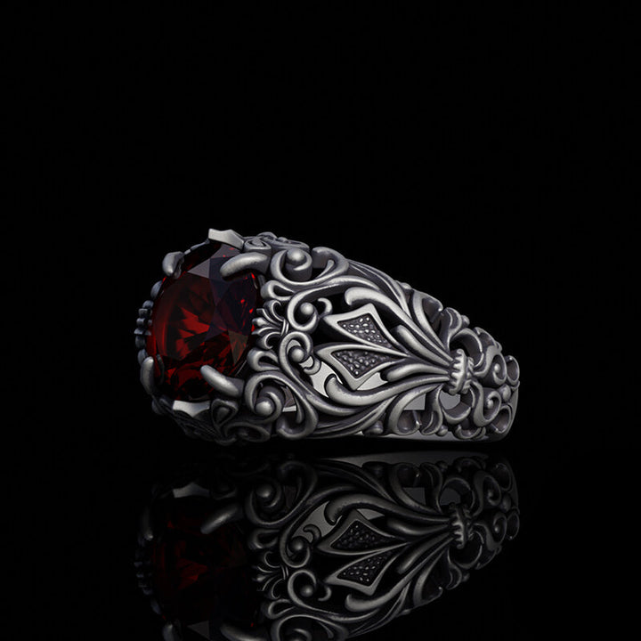 Gothic Pattern Red Zircon Sterling Silver Ring | RoyalLuster.com