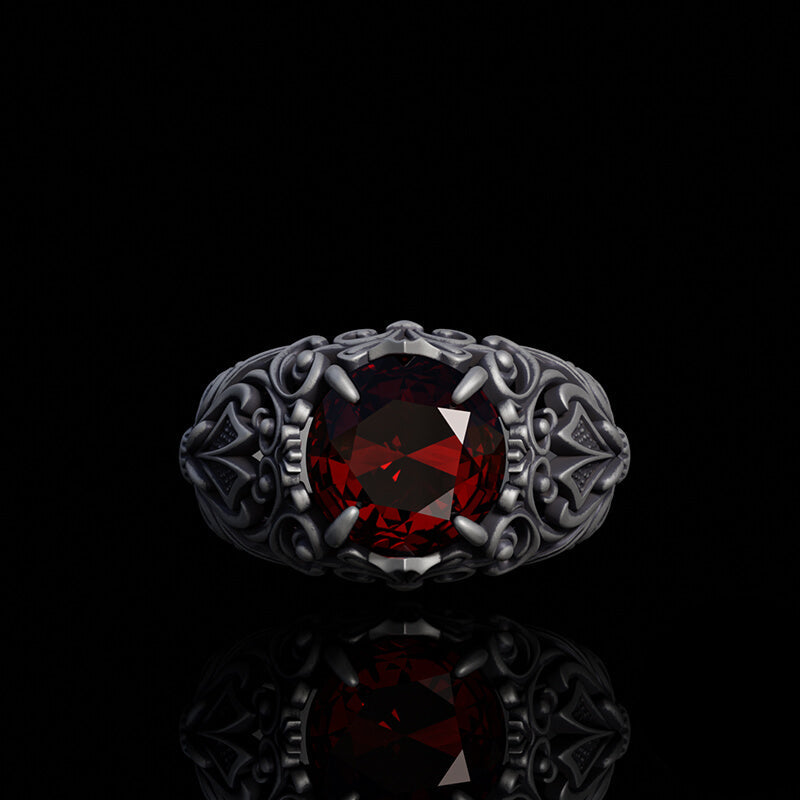 Gothic Pattern Red Zircon Sterling Silver Ring | RoyalLuster.com