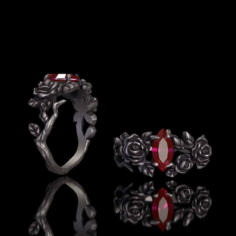 Gothic Rose Red Gemstone Sterling Silver Ring 01 | RoyalLuster.com