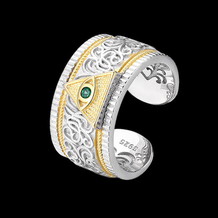 Vintage Pattern Eye of Providence 925 Sterling Silver Open Ring 01 | RoyalLuster.com