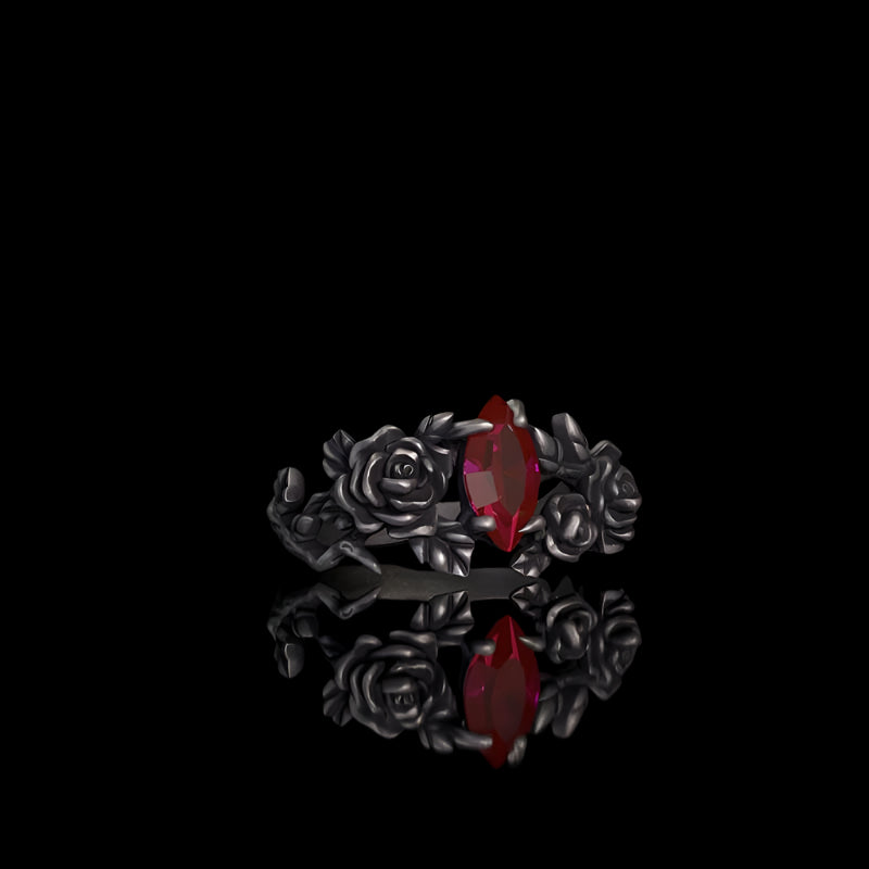 Gothic Rose Red Gemstone Sterling Silver Ring 03 | RoyalLuster.com