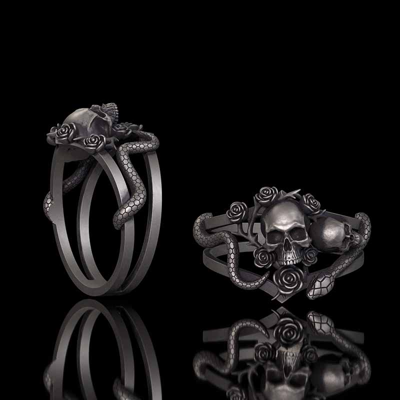 Gothic Rose Skull Snake Entwined Sterling Silver Ring | RoyalLuster.com