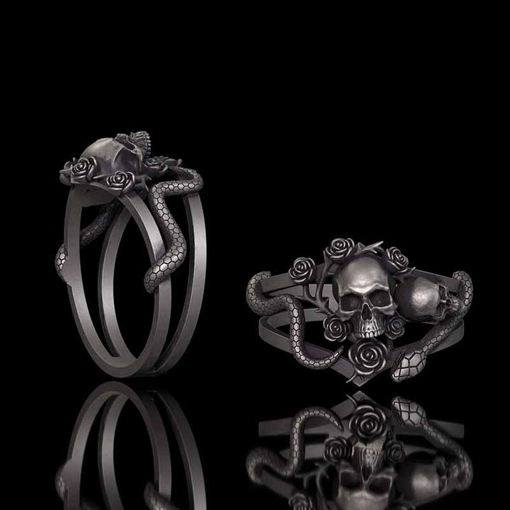 Gothic Rose Skull Snake Entwined Sterling Silver Ring | RoyalLuster.com