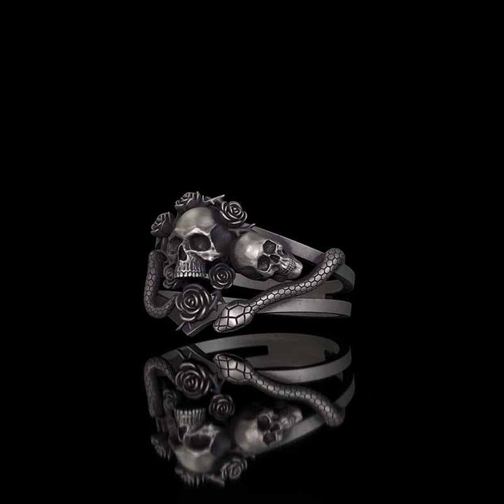 Gothic Rose Skull Snake Entwined Sterling Silver Ring | RoyalLuster.com