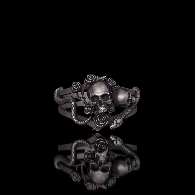 Gothic Rose Skull Snake Entwined Sterling Silver Ring | RoyalLuster.com